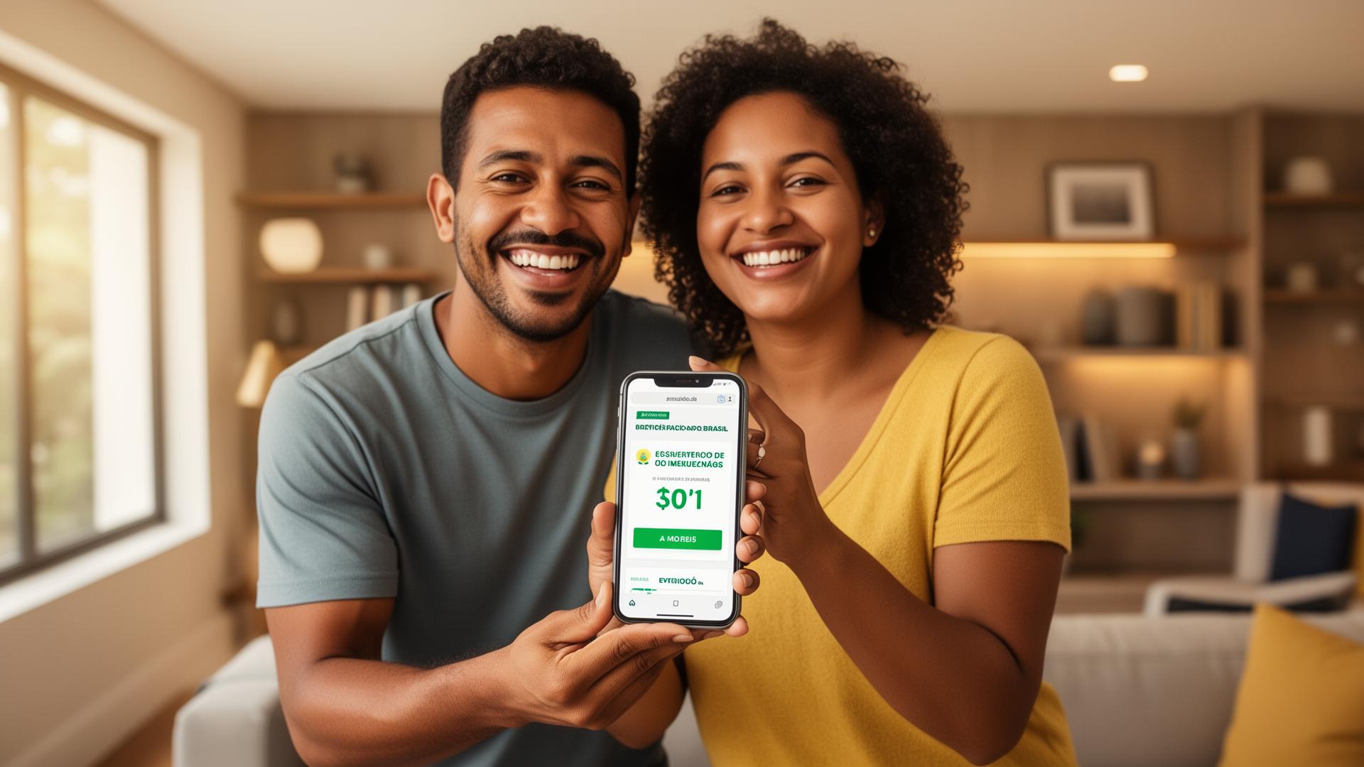Casal feliz com aprovação de empréstimo CLT no celular